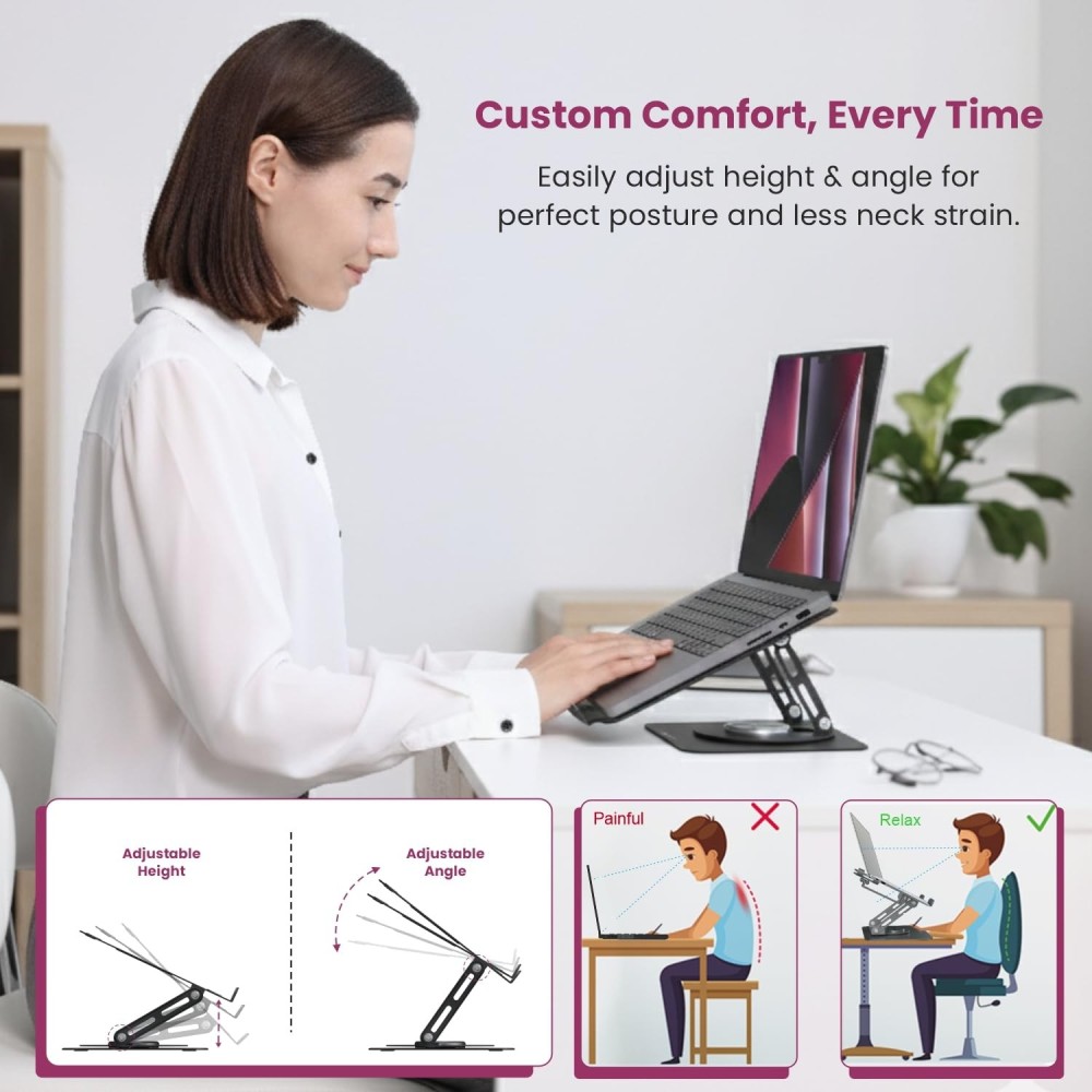 Portronics My Buddy K9 Lite Height Adjustable Laptop Stand with 360° Rotating Base | Carbon Steel | Anti-Slip | Cooling Vent | Fits Up to 15.6" Laptops - (Black)