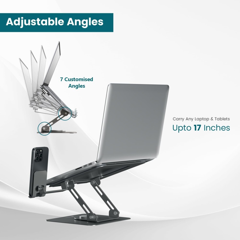 Portronics My Buddy K9 Pro 2-in-1 Laptop & Phone Stand with 360° Rotating Base, Adjustable Height, Foldable Metal Design for 10–15.6" Laptops - (Black)