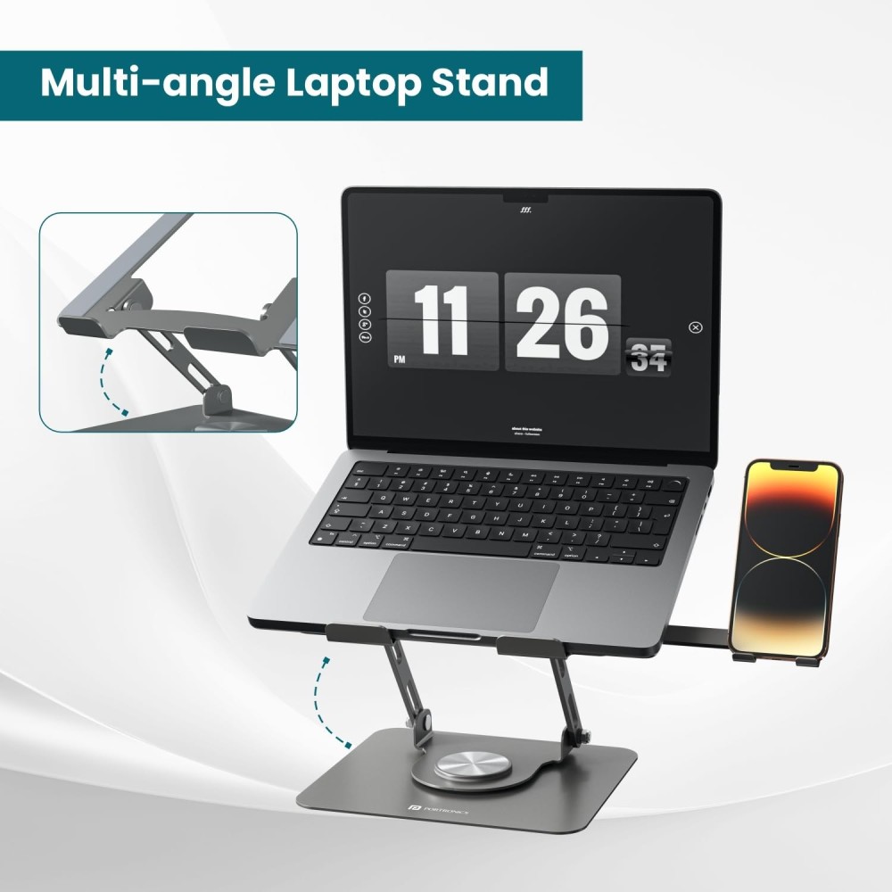 Portronics My Buddy K9 Pro 2-in-1 Laptop & Phone Stand with 360° Rotating Base, Adjustable Height, Foldable Metal Design for 10–15.6" Laptops - (Black)