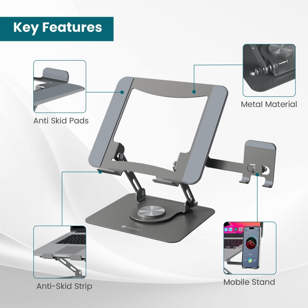 Portronics My Buddy K9 Pro 2-in-1 Laptop & Phone Stand with 360° Rotating Base, Adjustable Height, Foldable Metal Design for 10–15.6" Laptops - (Black)