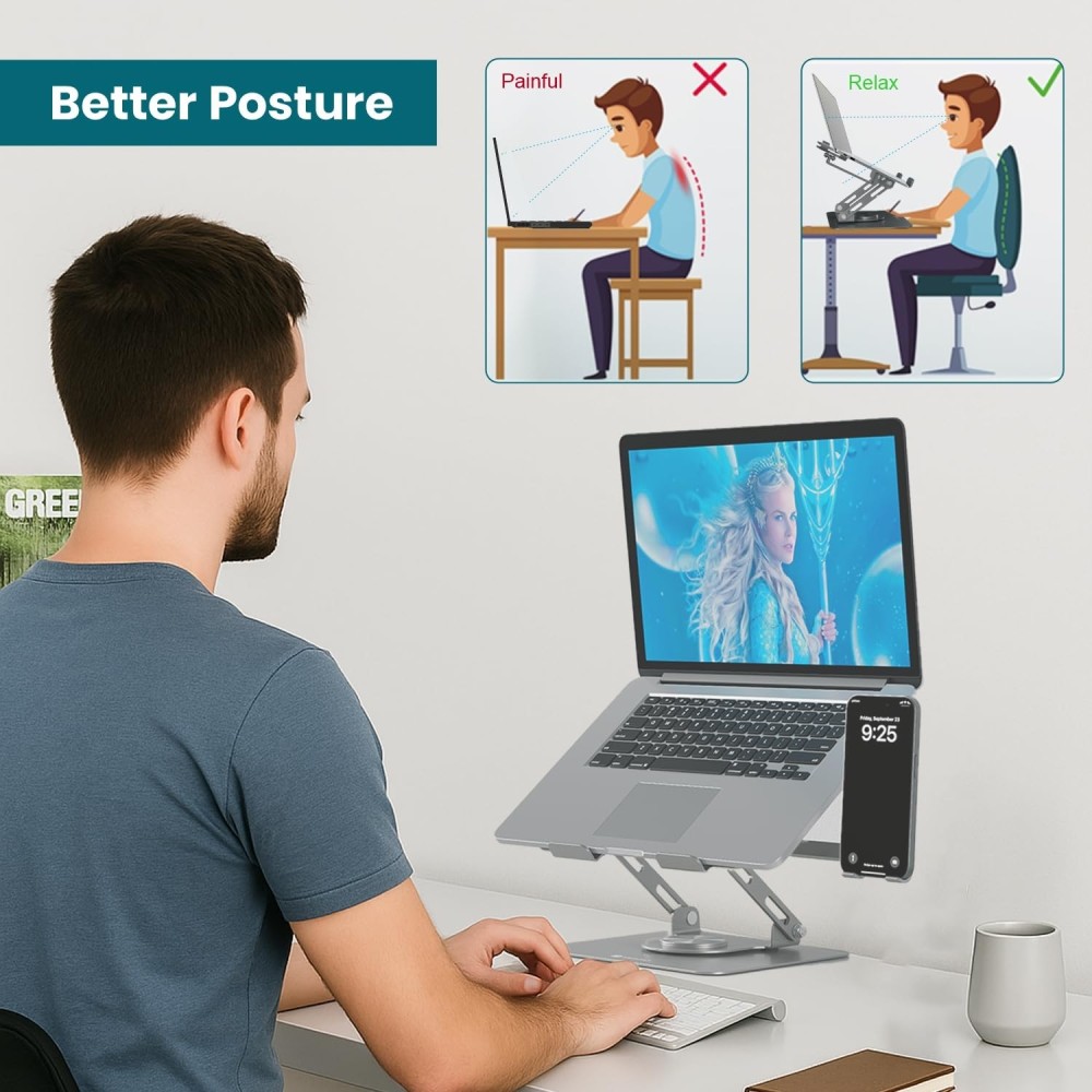 Portronics My Buddy K9 Pro 2-in-1 Laptop & Phone Stand with 360° Rotating Base, Adjustable Height, Foldable Metal Design for 10–15.6" Laptops - (Black)