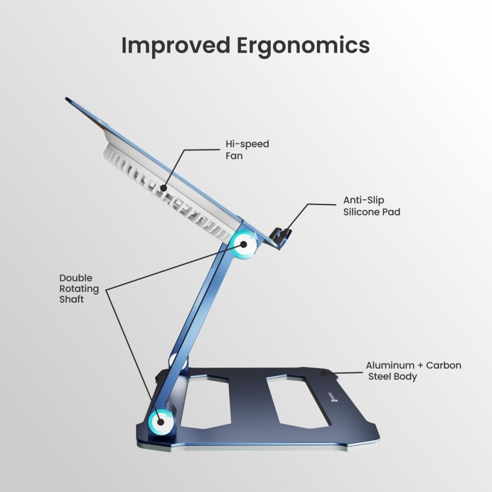 Portronics My Buddy K10 Portable Laptop Stand with Adjustable Height, Ventilated Fan Design, Anti-Slip Base for Up to 15.6" Laptops | Foldable Ergonomic Laptop Stand - (Grey)