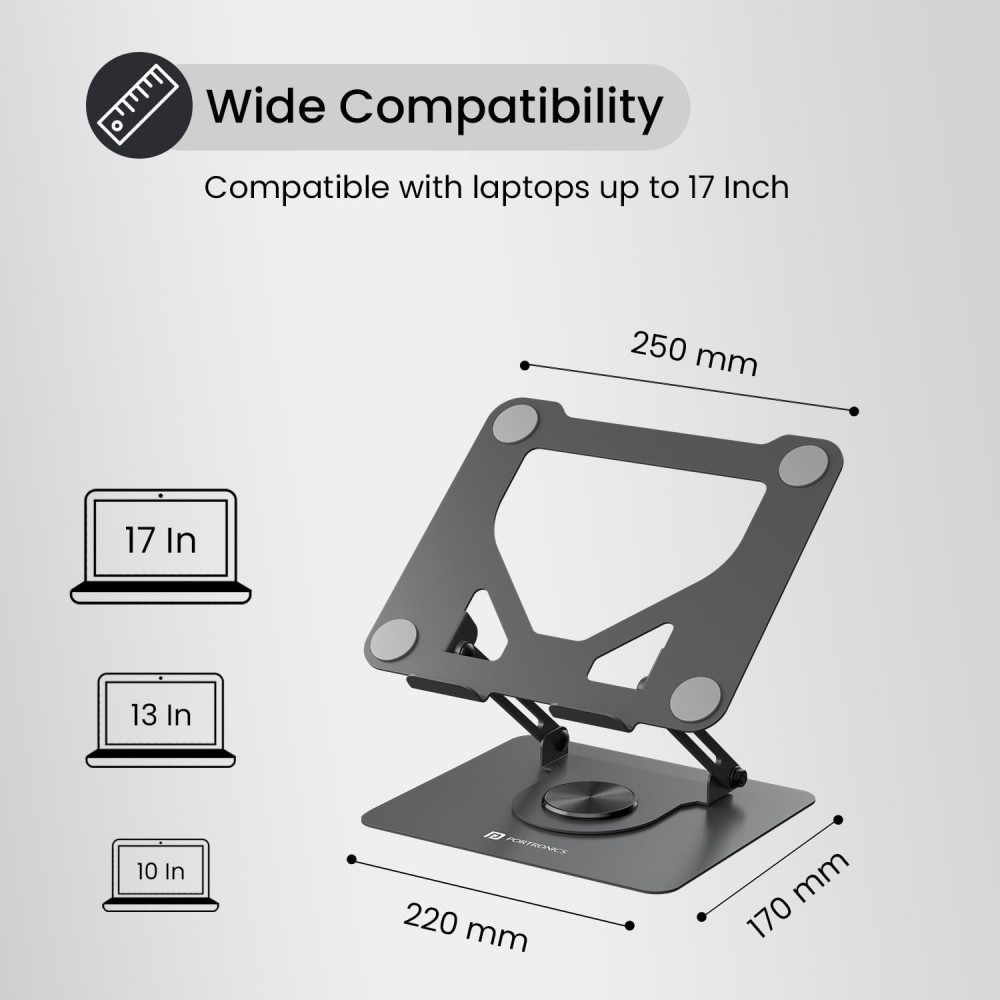 Portronics My Buddy K11 Metal Laptop Stand with 360° Rotation, Height & Angle Adjustable, Foldable Carbon Steel Laptop Stand for MacBook & Laptops up to 10kg – (Black)