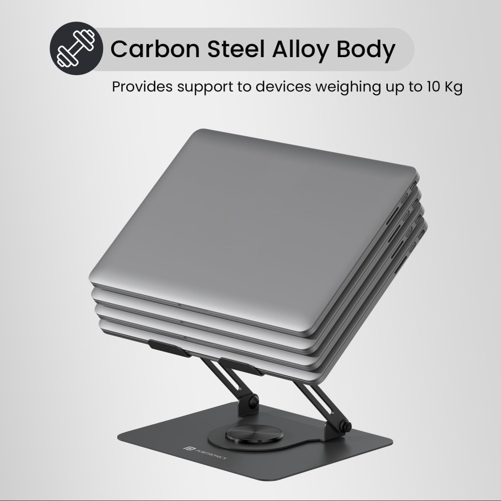 Portronics My Buddy K11 Metal Laptop Stand with 360° Rotation, Height & Angle Adjustable, Foldable Carbon Steel Laptop Stand for MacBook & Laptops up to 10kg – (Black)