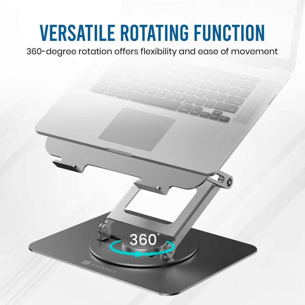 Portronics My Buddy K11 Pro Metal Laptop Stand with 360° Rotation | Adjustable Height & Angle | Ergonomic Foldable Laptop & MacBook Stand | Supports Up to 10kg - (Silver)