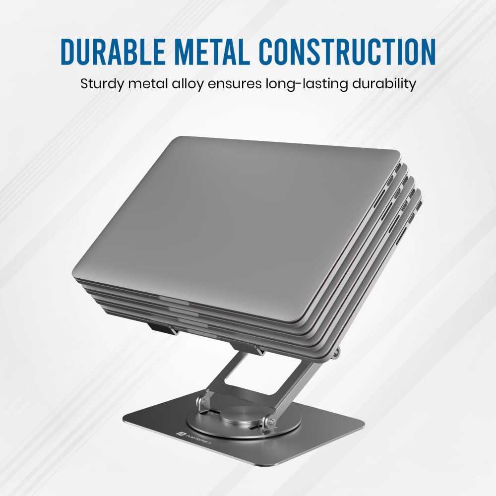 Portronics My Buddy K11 Pro Metal Laptop Stand with 360° Rotation | Adjustable Height & Angle | Ergonomic Foldable Laptop & MacBook Stand | Supports Up to 10kg - (Silver)