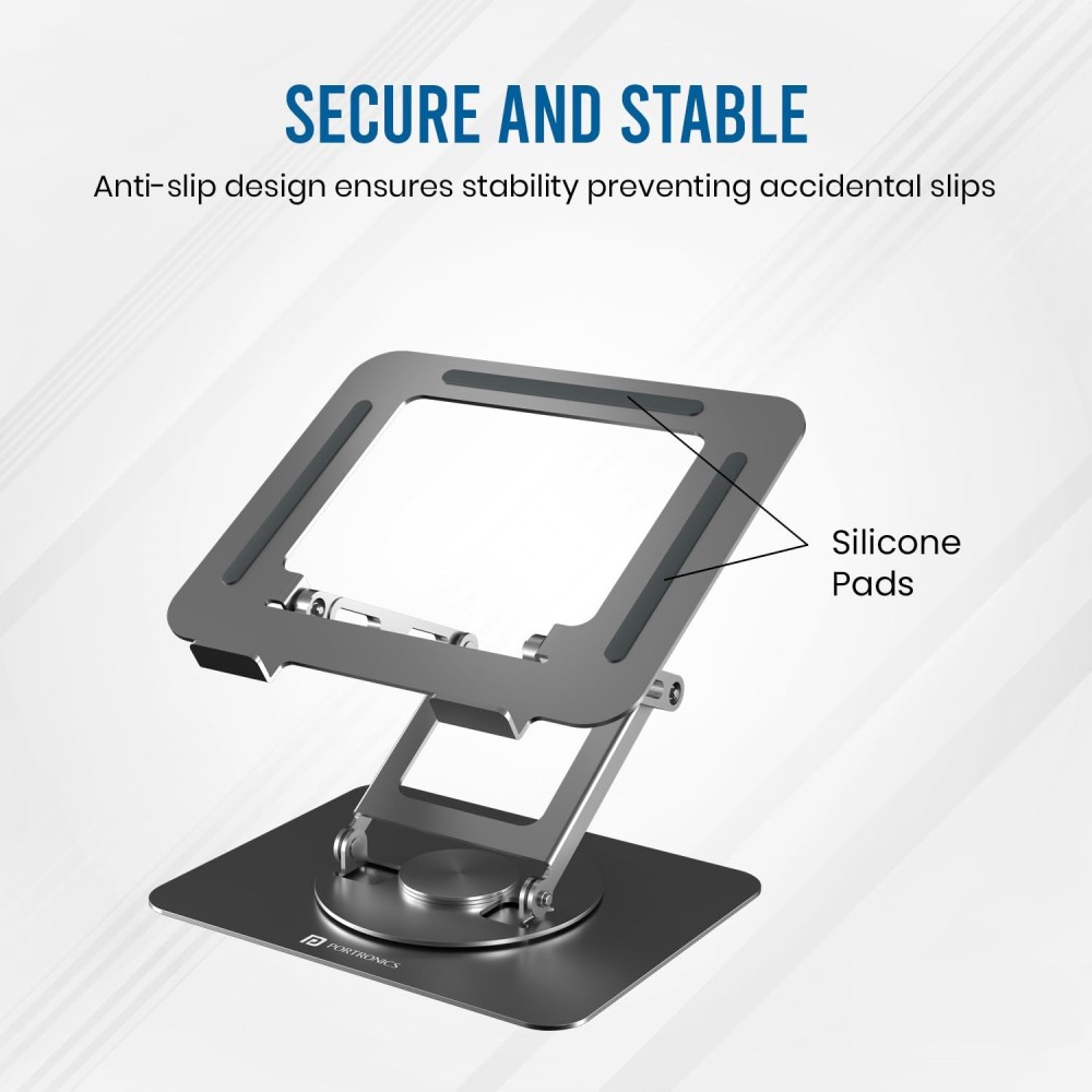 Portronics My Buddy K11 Pro Metal Laptop Stand with 360° Rotation | Adjustable Height & Angle | Ergonomic Foldable Laptop & MacBook Stand | Supports Up to 10kg - (Silver)