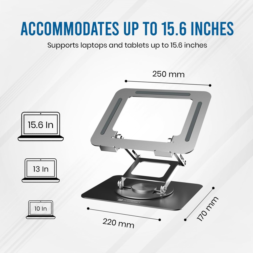 Portronics My Buddy K11 Pro Metal Laptop Stand with 360° Rotation | Adjustable Height & Angle | Ergonomic Foldable Laptop & MacBook Stand | Supports Up to 10kg - (Silver)