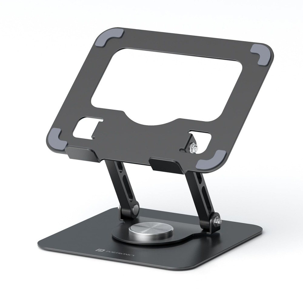 Portronics My Buddy A1 Metal Tablet Stand with 360° Rotation, Adjustable Height & Angle, Foldable Portable Stand for Up to 12-Inch Tablets, Anti-Slip Pads - (Grey)