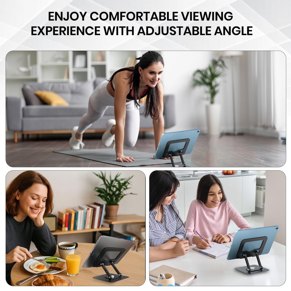 Portronics My Buddy A1 Metal Tablet Stand with 360° Rotation, Adjustable Height & Angle, Foldable Portable Stand for Up to 12-Inch Tablets, Anti-Slip Pads - (Grey)