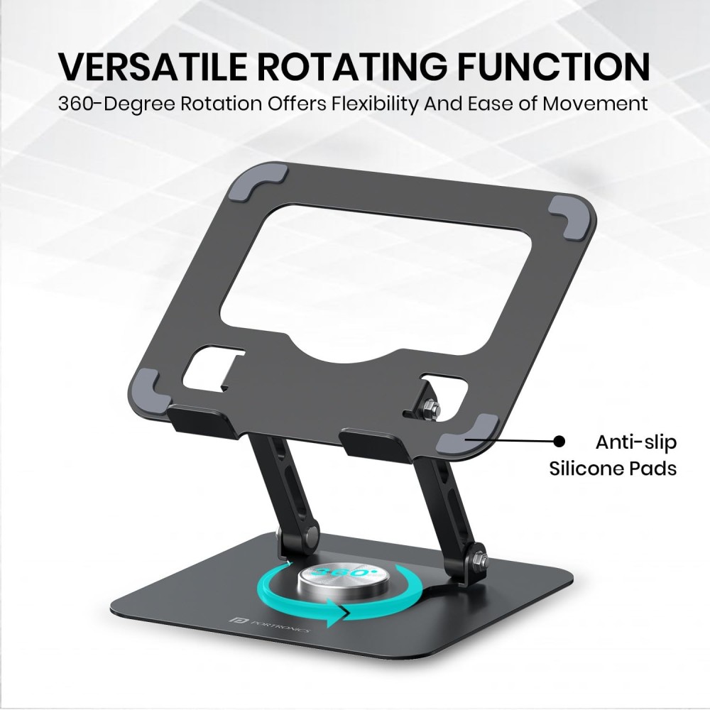 Portronics My Buddy A1 Metal Tablet Stand with 360° Rotation, Adjustable Height & Angle, Foldable Portable Stand for Up to 12-Inch Tablets, Anti-Slip Pads - (Grey)