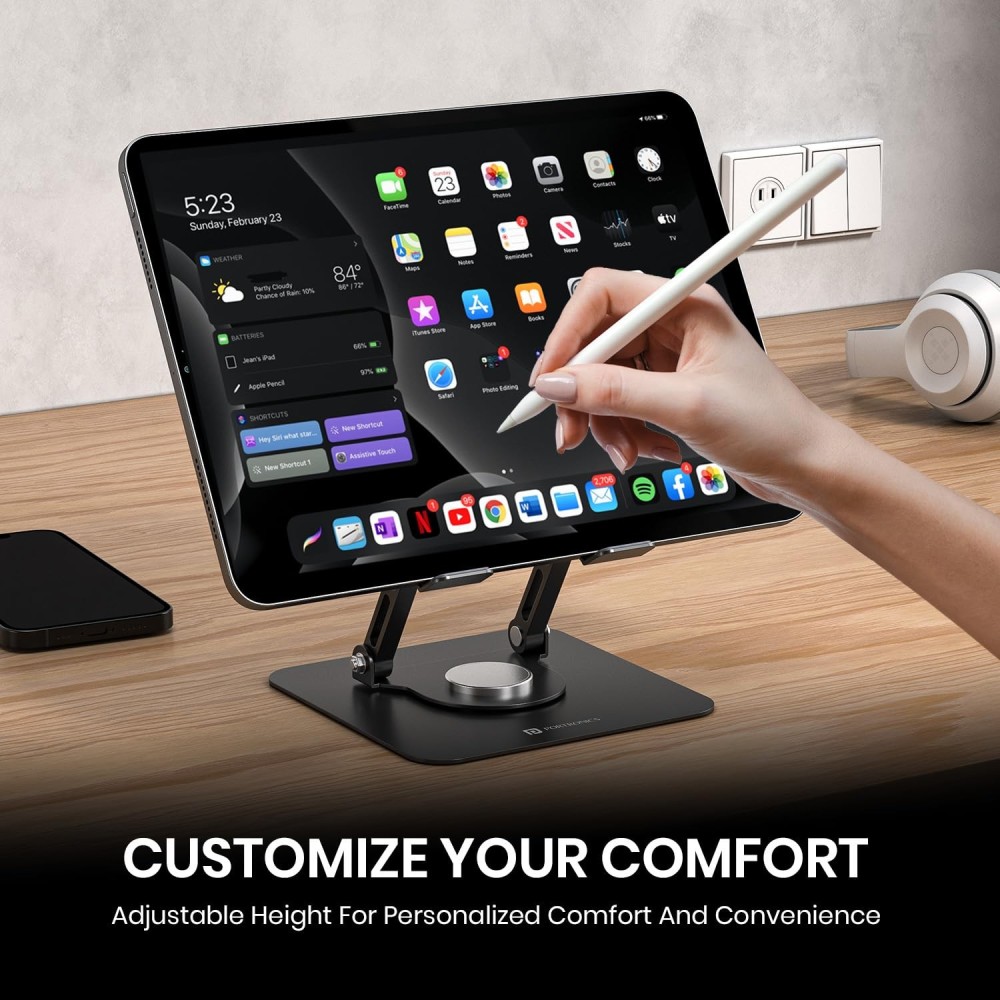 Portronics My Buddy A1 Metal Tablet Stand with 360° Rotation, Adjustable Height & Angle, Foldable Portable Stand for Up to 12-Inch Tablets, Anti-Slip Pads - (Grey)