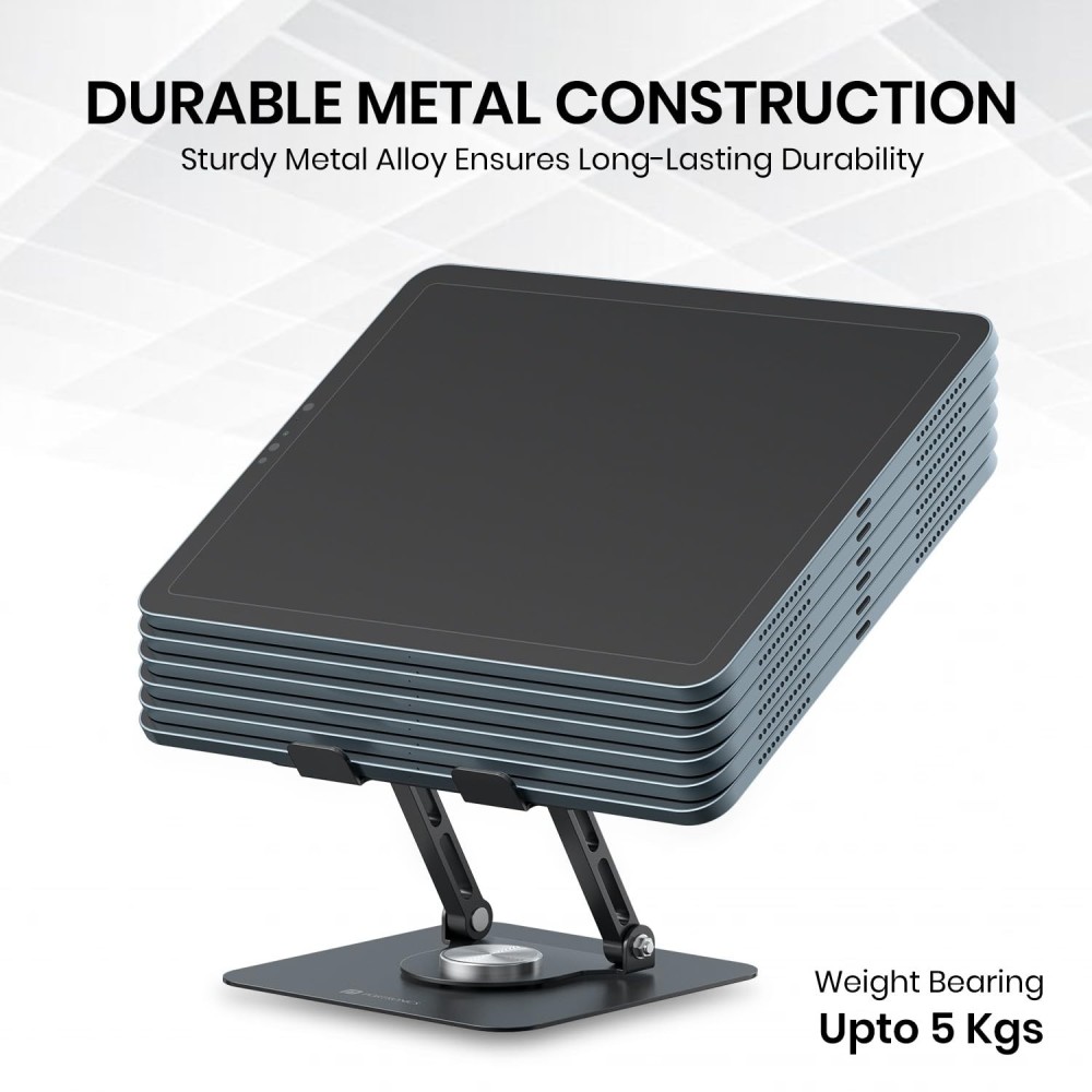 Portronics My Buddy A1 Metal Tablet Stand with 360° Rotation, Adjustable Height & Angle, Foldable Portable Stand for Up to 12-Inch Tablets, Anti-Slip Pads - (Grey)
