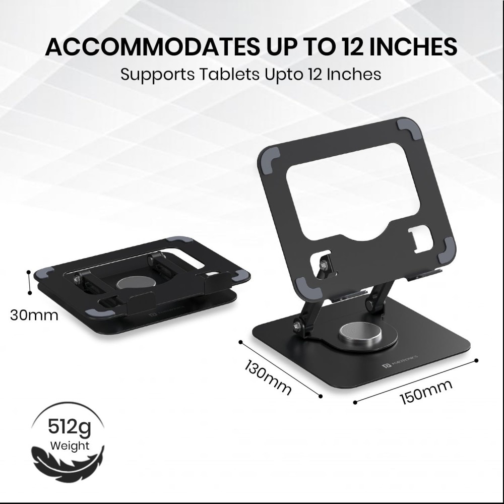 Portronics My Buddy A1 Metal Tablet Stand with 360° Rotation, Adjustable Height & Angle, Foldable Portable Stand for Up to 12-Inch Tablets, Anti-Slip Pads - (Grey)