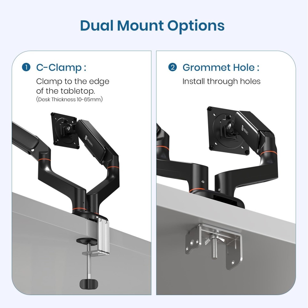 Portronics Aerolift Duo Gas Spring Dual Monitor Arm for 13–32 Inch Screens | Dual Desk Mount with Full Motion, VESA 75x75/100x100, Aluminium Build - (Black)
