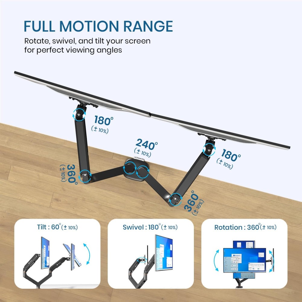 Portronics Aerolift Duo Gas Spring Dual Monitor Arm for 13–32 Inch Screens | Dual Desk Mount with Full Motion, VESA 75x75/100x100, Aluminium Build - (Black)