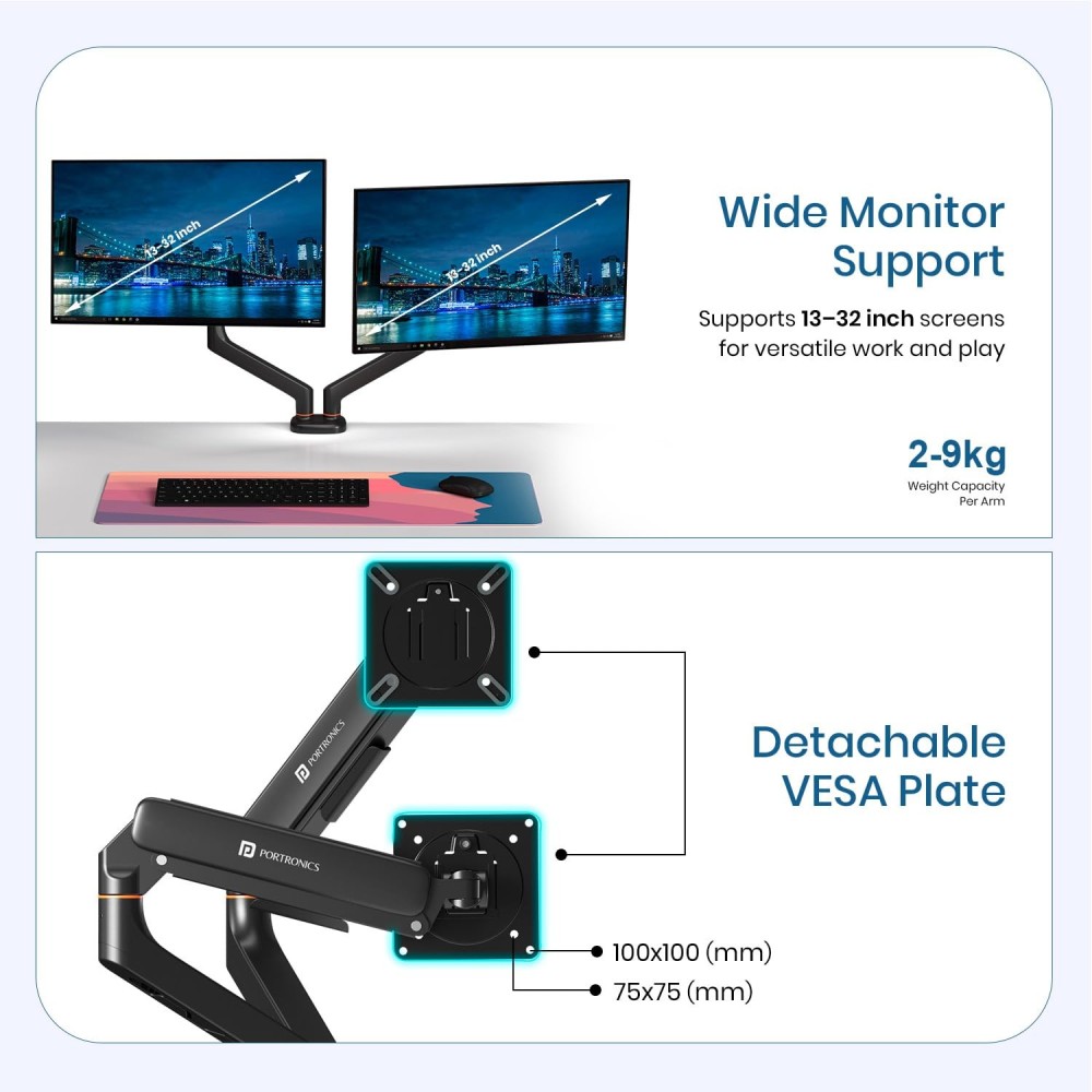 Portronics Aerolift Duo Gas Spring Dual Monitor Arm for 13–32 Inch Screens | Dual Desk Mount with Full Motion, VESA 75x75/100x100, Aluminium Build - (Black)