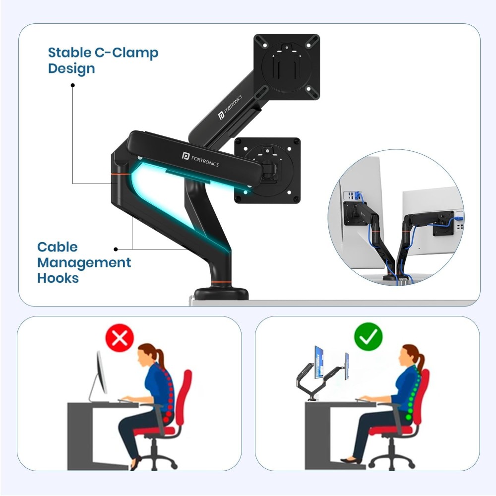 Portronics Aerolift Duo Gas Spring Dual Monitor Arm for 13–32 Inch Screens | Dual Desk Mount with Full Motion, VESA 75x75/100x100, Aluminium Build - (Black)