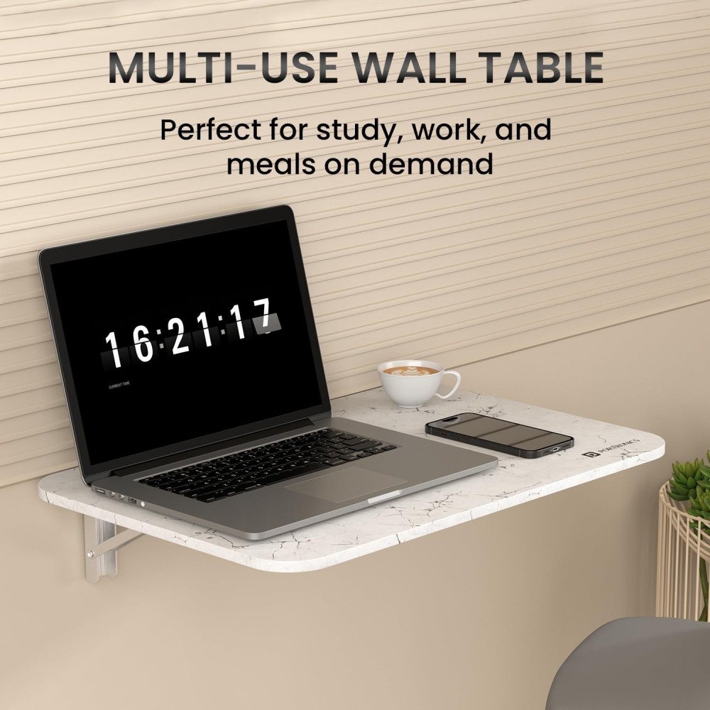 Portronics Metal My Buddy L Folding Wall Mounted Table for Study, Laptop, Home & Office, Carrara Finish, | Space Saving Foldable Desk - (Black)