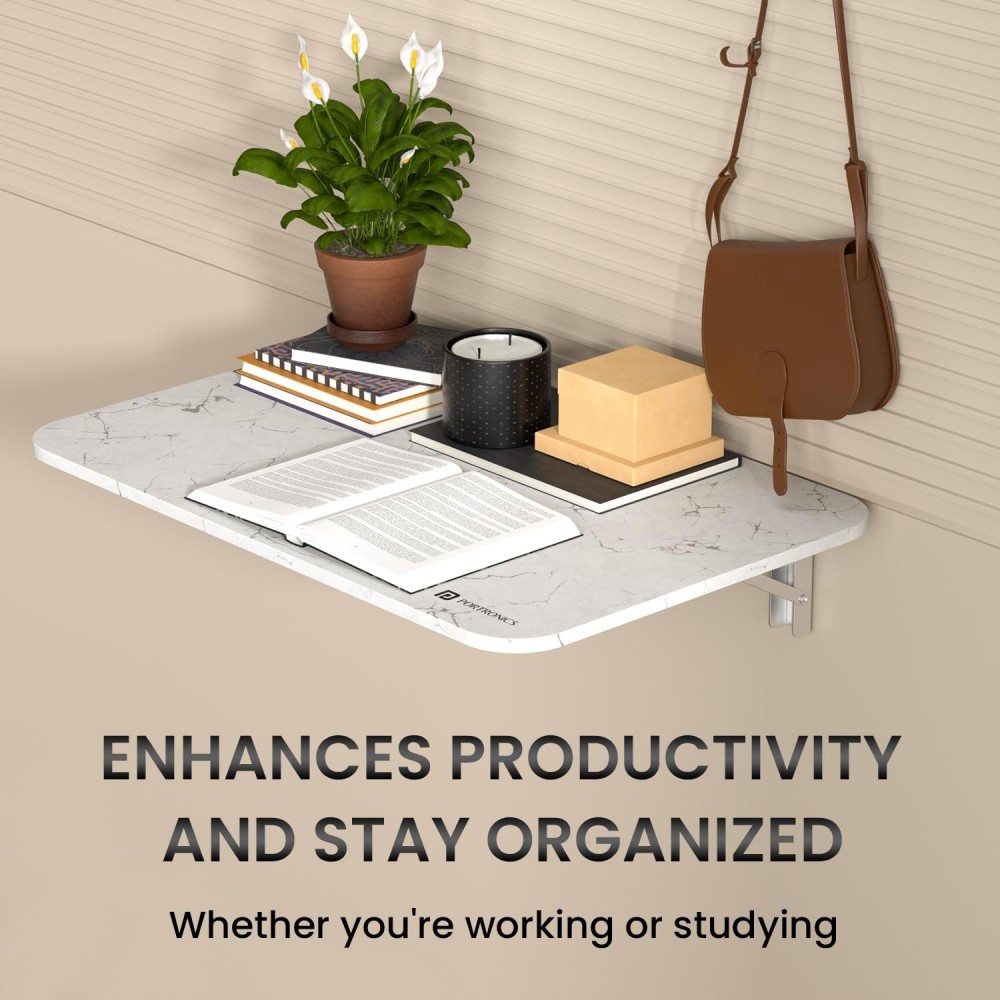 Portronics Metal My Buddy L Folding Wall Mounted Table for Study, Laptop, Home & Office, Carrara Finish, | Space Saving Foldable Desk - (Black)