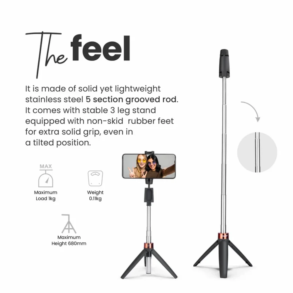 Digitek (DTR 210SS) 68cm Portable Selfie Stick with Wireless Remote, 3 Legs Tripod Base, Rubberized Feet, 1 Kg Max Weight Load, 360° Rotation, Compatible with All Smartphones Photography, Vid