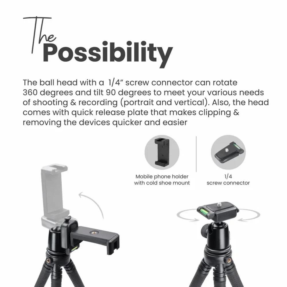 Digitek (DTR 320 FT) Flexible Gorillapod Tripod for All Cameras and Mobile Phones with 360° Ball Head and Phone Holder, Max. Load 3kgs, Carry Bag Included, (Black)