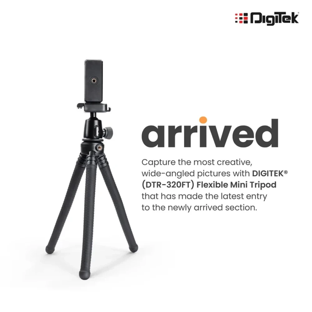 Digitek (DTR 320 FT) Flexible Gorillapod Tripod for All Cameras and Mobile Phones with 360° Ball Head and Phone Holder, Max. Load 3kgs, Carry Bag Included, (Black)