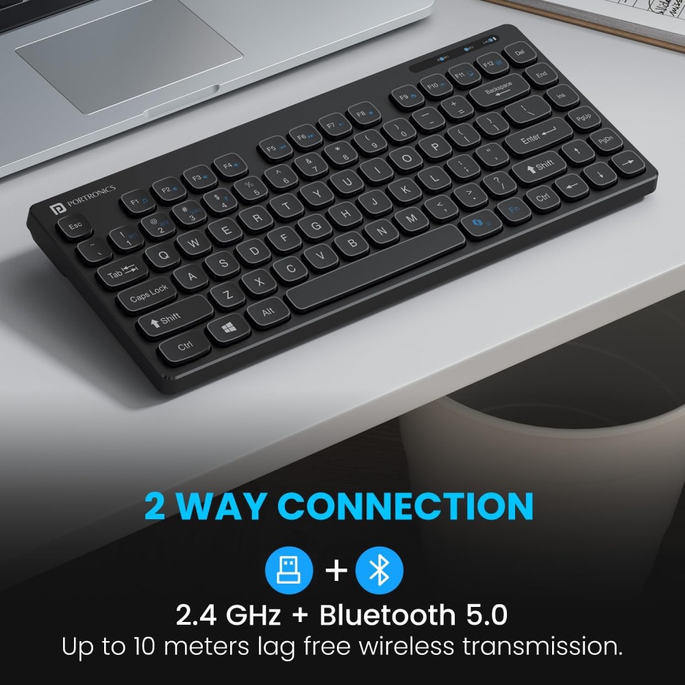 Portronics Bubble Multimedia Wireless Keyboard with Bluetooth 5.0 & 2.4GHz | Compact Silent Keyboard for iPad, Android, Windows PC & Smartphones - (Black)