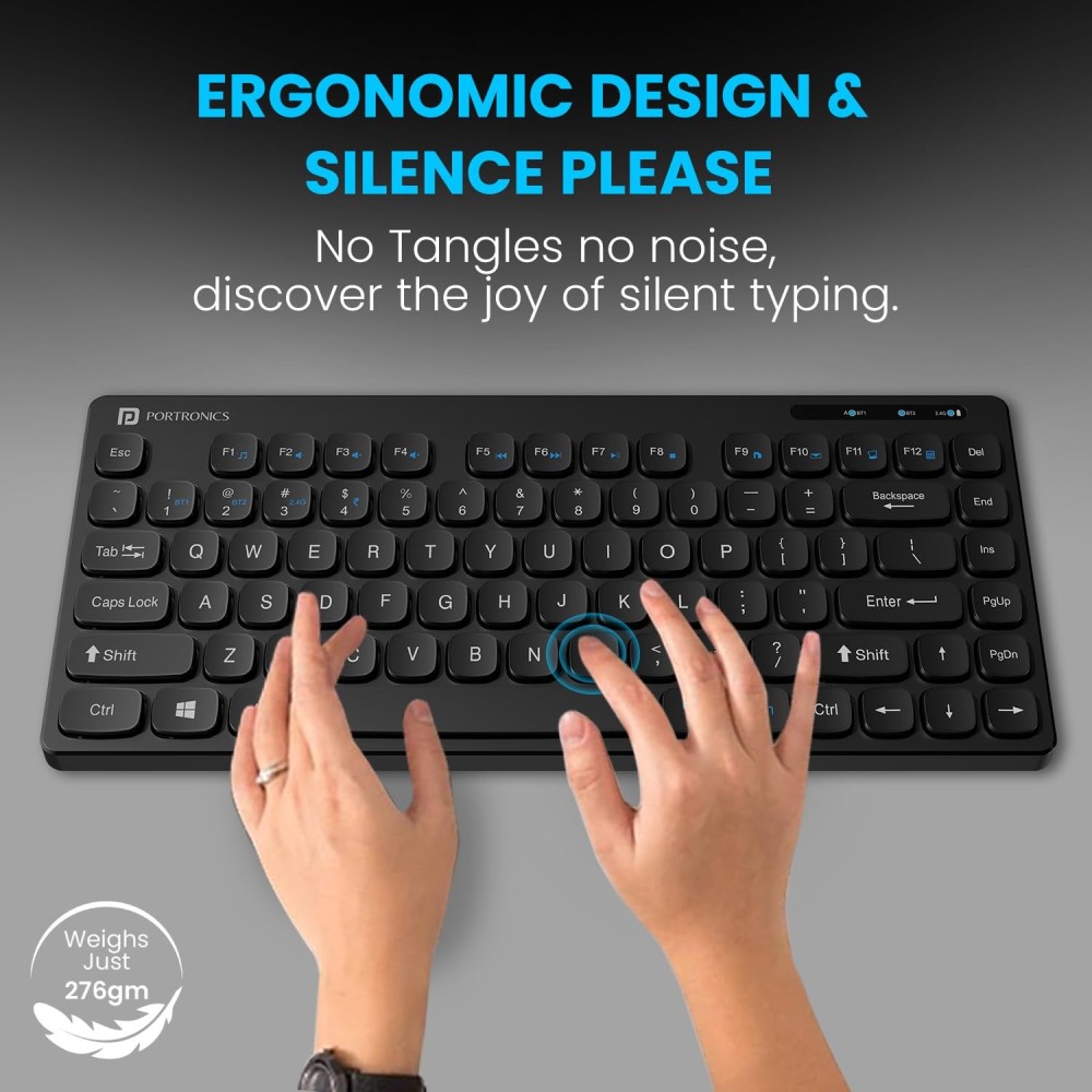 Portronics Bubble Multimedia Wireless Keyboard with Bluetooth 5.0 & 2.4GHz | Compact Silent Keyboard for iPad, Android, Windows PC & Smartphones - (Black)