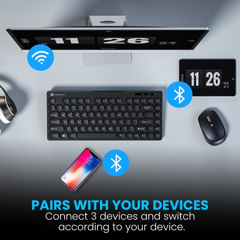 Portronics Bubble Multimedia Wireless Keyboard with Bluetooth 5.0 & 2.4GHz | Compact Silent Keyboard for iPad, Android, Windows PC & Smartphones - (Black)