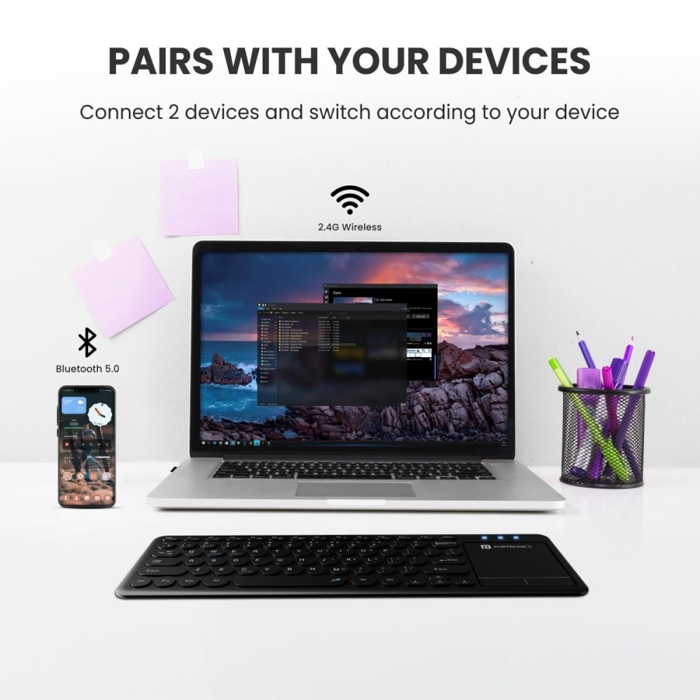 Portronics Bubble Pro Wireless Keyboard with Touchpad, Bluetooth & 2.4GHz, Dual Connectivity, Multi-Device, Spill-Resistant, Silent Keys - (Black)