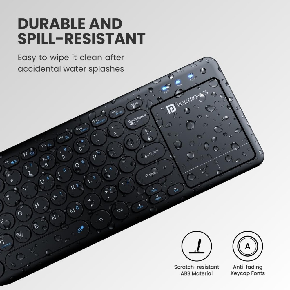 Portronics Bubble Pro Wireless Keyboard with Touchpad, Bluetooth & 2.4GHz, Dual Connectivity, Multi-Device, Spill-Resistant, Silent Keys - (Black)