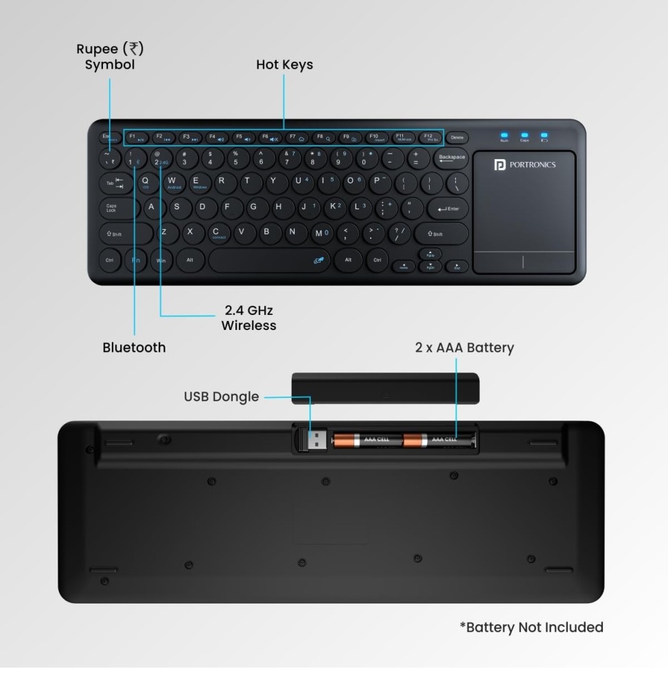 Portronics Bubble Pro Wireless Keyboard with Touchpad, Bluetooth & 2.4GHz, Dual Connectivity, Multi-Device, Spill-Resistant, Silent Keys - (Black)