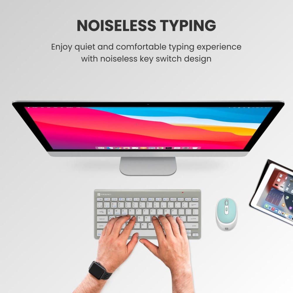 Portronics Bubble Max Wireless Keyboard with Bluetooth & 2.4GHz Dual Connectivity | Silent Keys | Multi-Device Support | Spill-Resistant Compact Keyboard - (Grey)