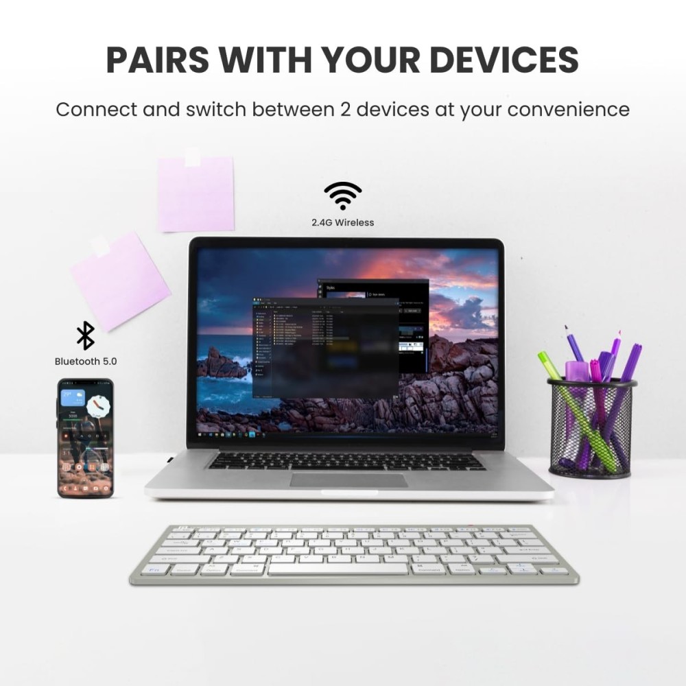 Portronics Bubble Max Wireless Keyboard with Bluetooth & 2.4GHz Dual Connectivity | Silent Keys | Multi-Device Support | Spill-Resistant Compact Keyboard - (Grey)