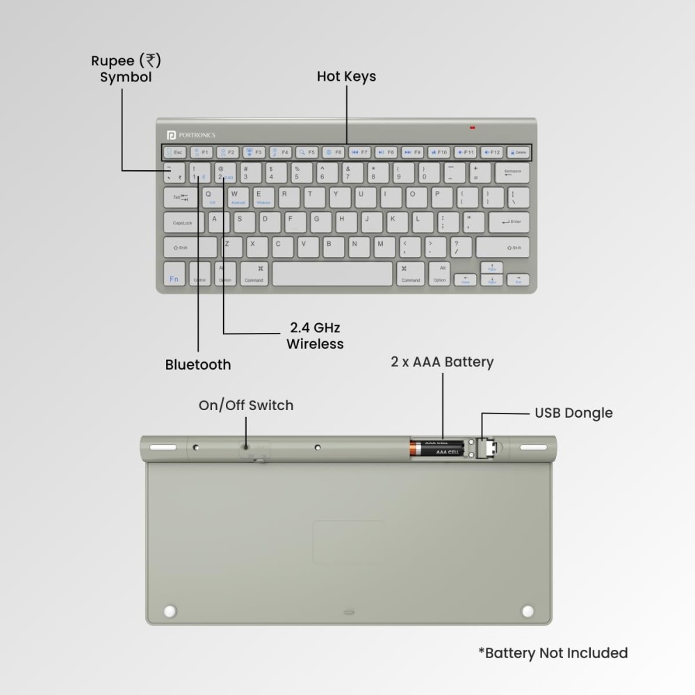 Portronics Bubble Max Wireless Keyboard with Bluetooth & 2.4GHz Dual Connectivity | Silent Keys | Multi-Device Support | Spill-Resistant Compact Keyboard - (Grey)