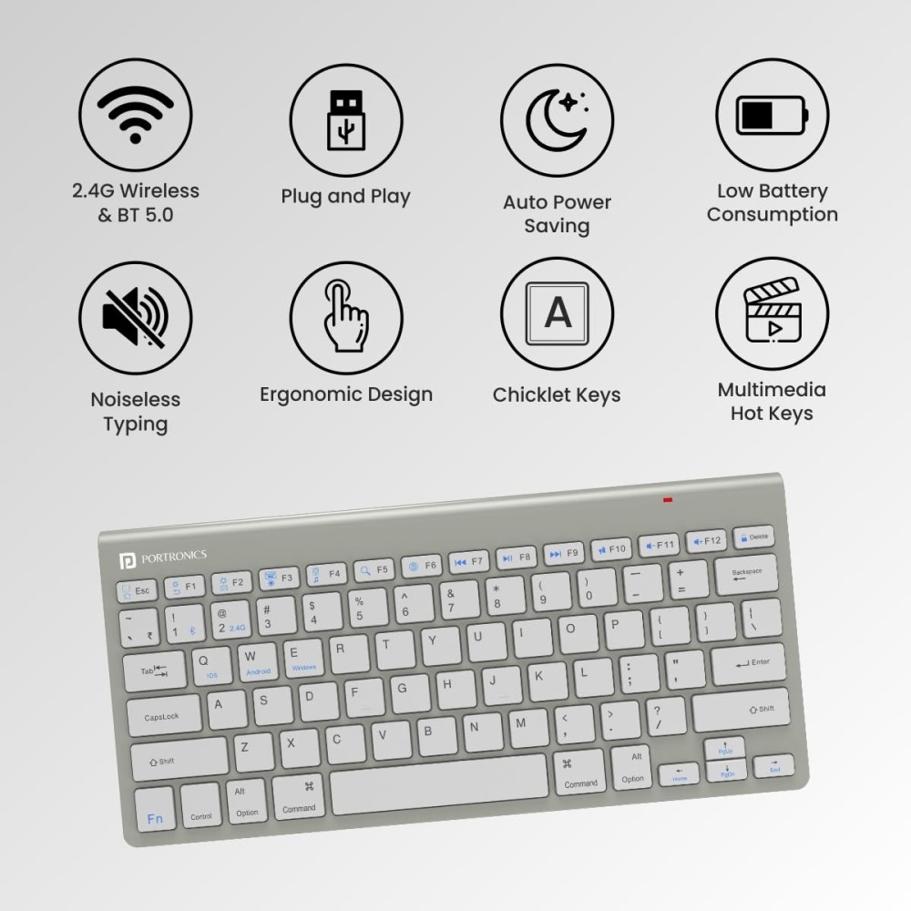 Portronics Bubble Max Wireless Keyboard with Bluetooth & 2.4GHz Dual Connectivity | Silent Keys | Multi-Device Support | Spill-Resistant Compact Keyboard - (Grey)