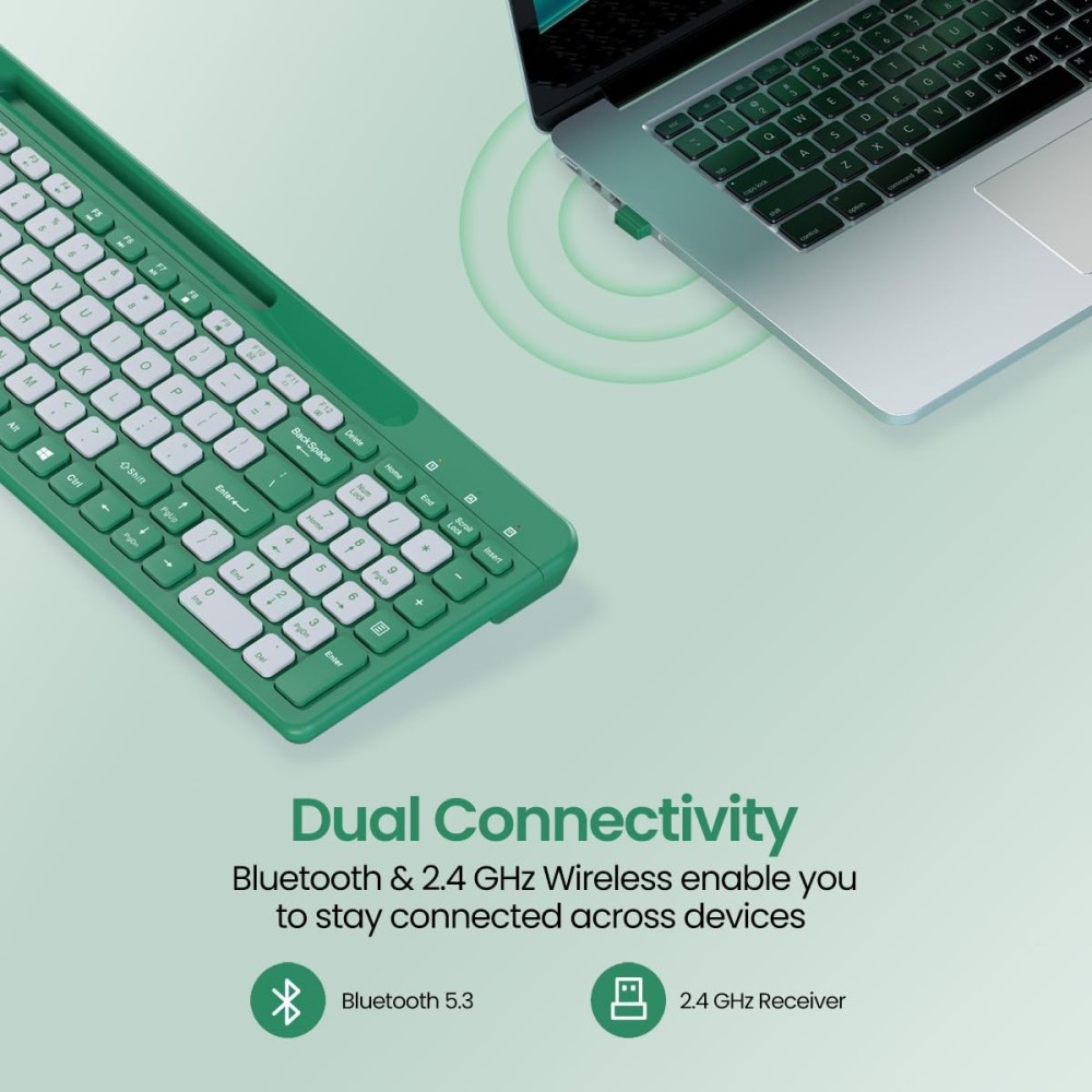Portronics Bubble Square Wireless Keyboard | Bluetooth + 2.4GHz Dual Mode | Multi-Device Keyboard for Laptop, PC, Tablet & Smartphone - (Green)