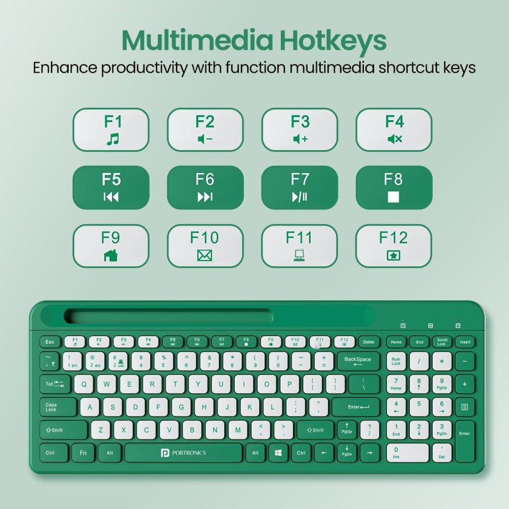 Portronics Bubble Square Wireless Keyboard | Bluetooth + 2.4GHz Dual Mode | Multi-Device Keyboard for Laptop, PC, Tablet & Smartphone - (Green)