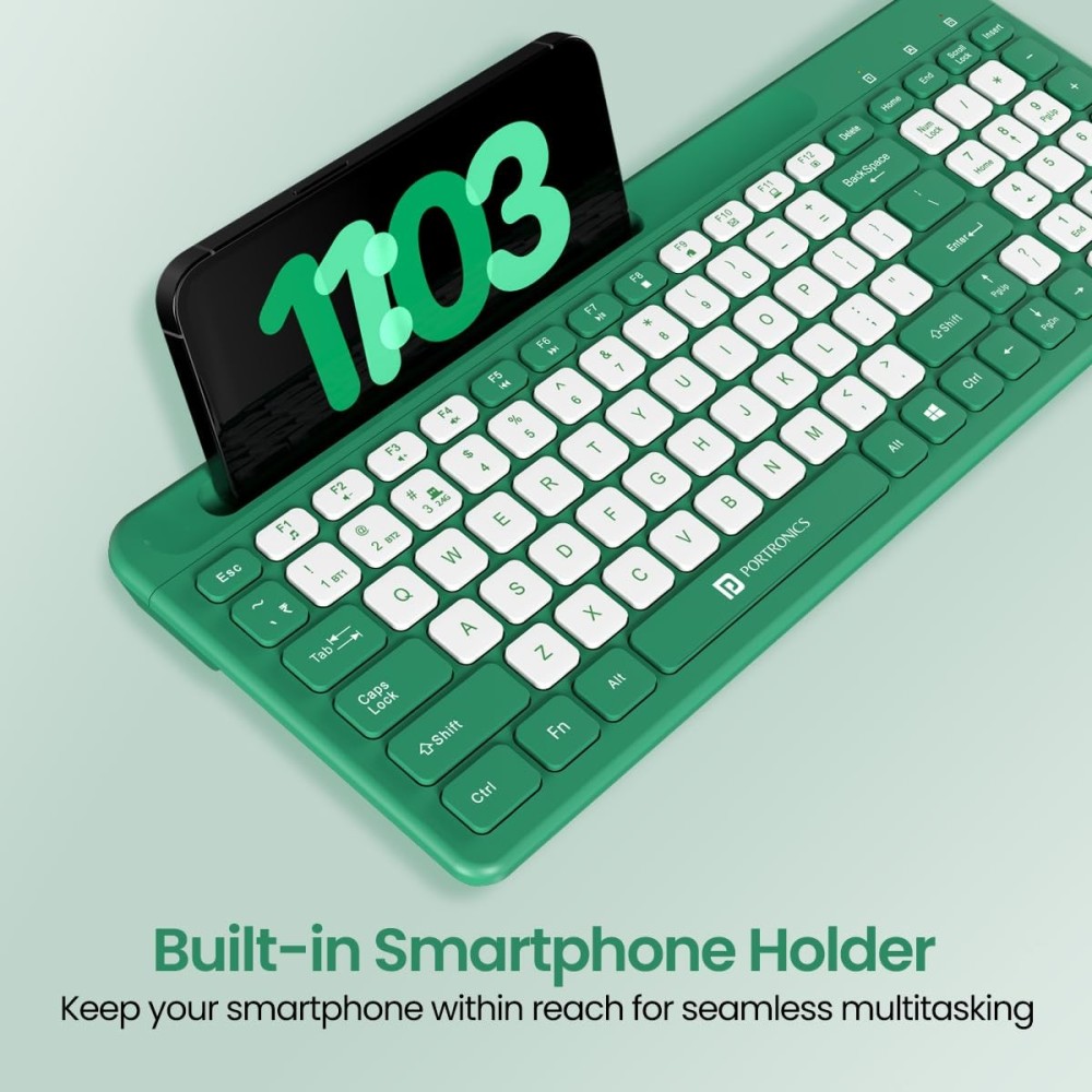 Portronics Bubble Square Wireless Keyboard | Bluetooth + 2.4GHz Dual Mode | Multi-Device Keyboard for Laptop, PC, Tablet & Smartphone - (Green)
