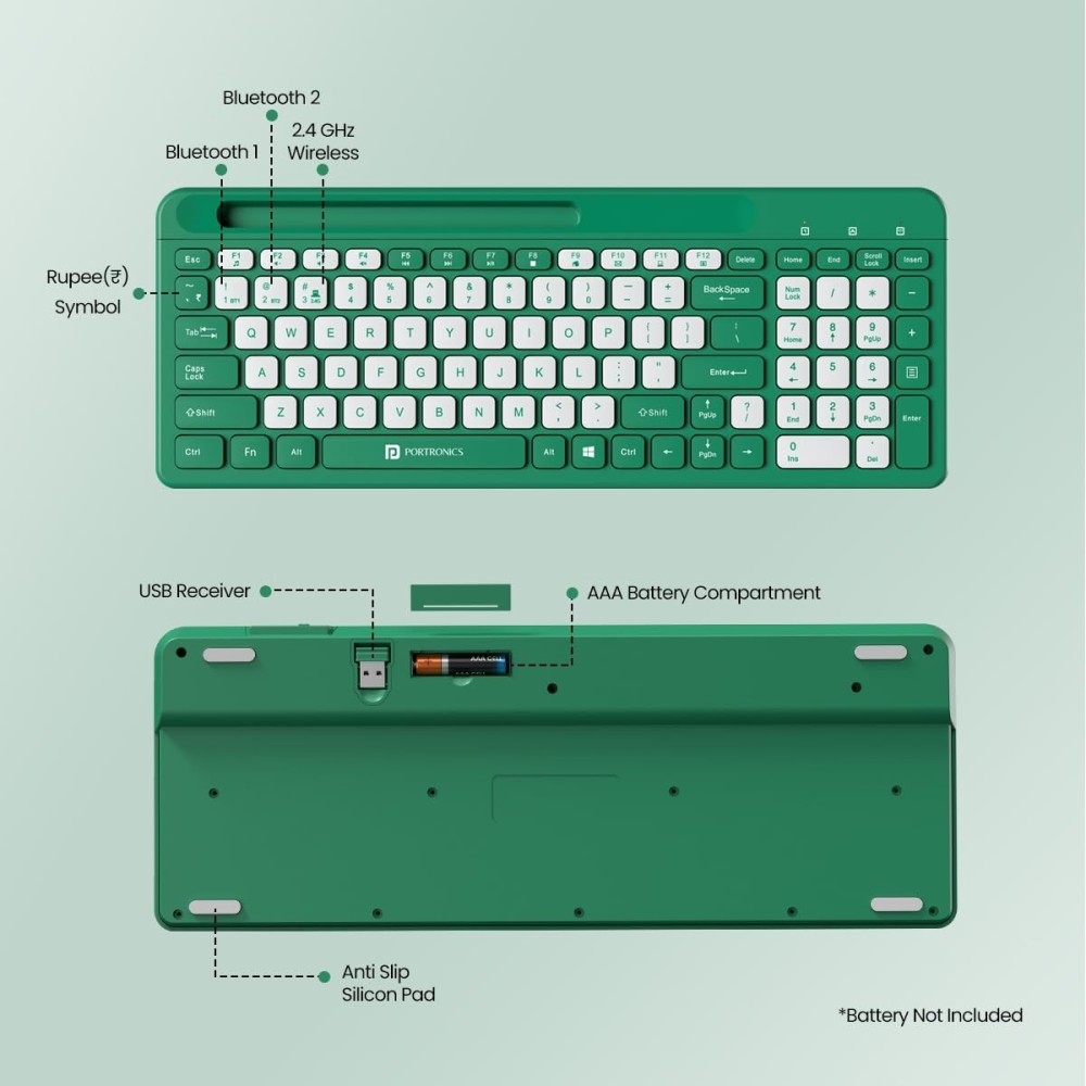 Portronics Bubble Square Wireless Keyboard | Bluetooth + 2.4GHz Dual Mode | Multi-Device Keyboard for Laptop, PC, Tablet & Smartphone - (Green)