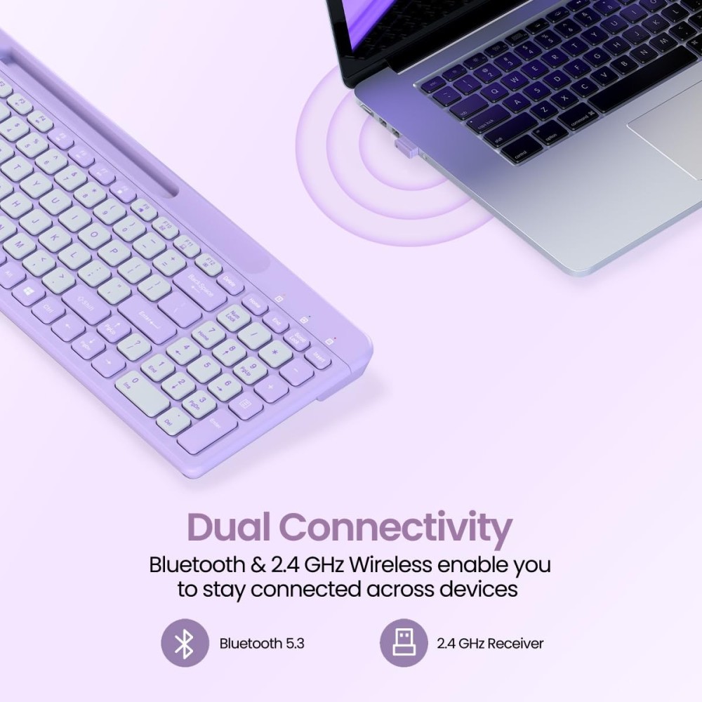 Portronics Bubble Square Wireless Keyboard | Bluetooth + 2.4GHz USB | Multi-Device Keyboard for Laptop, PC, Tablet & Smartphone - (Purple)