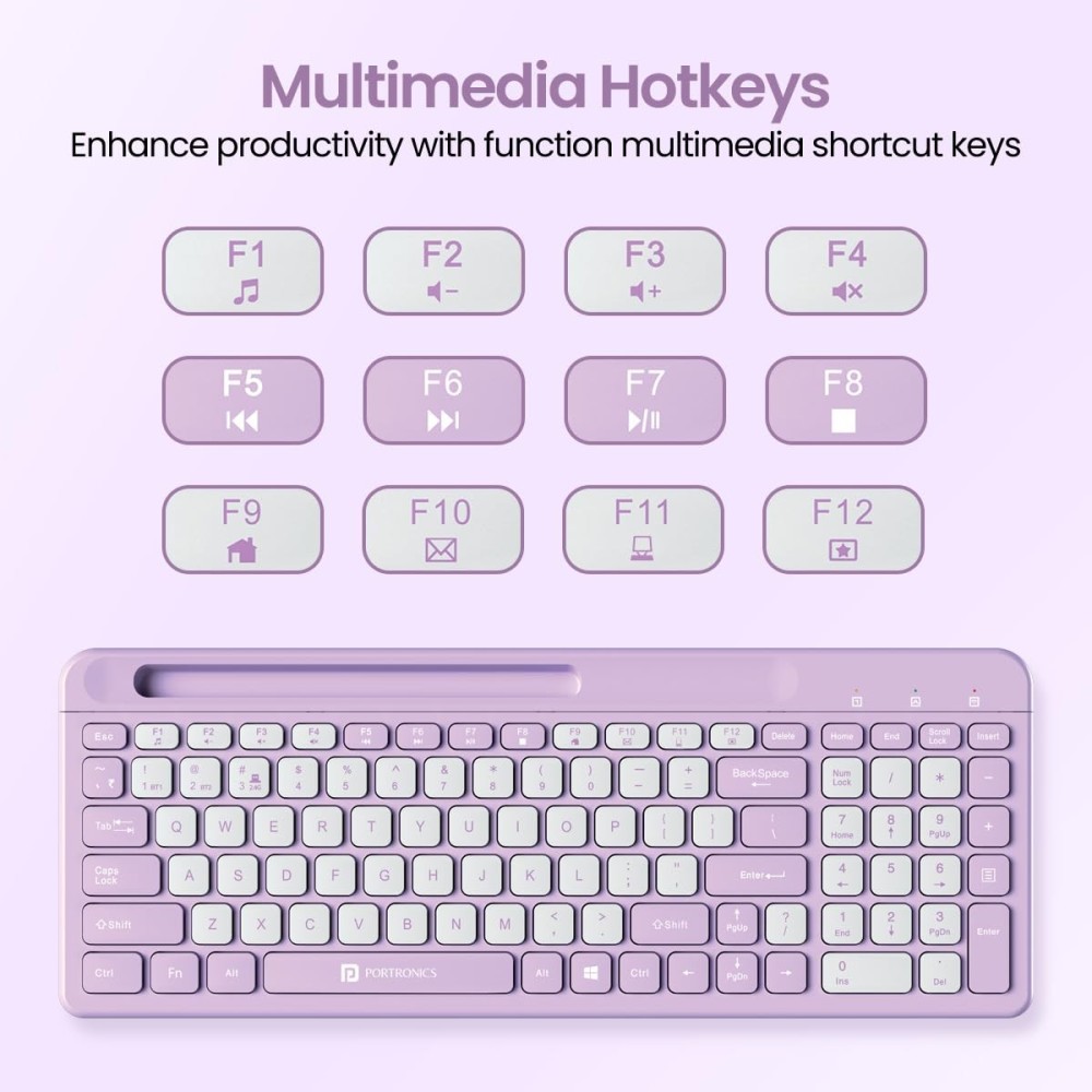 Portronics Bubble Square Wireless Keyboard | Bluetooth + 2.4GHz USB | Multi-Device Keyboard for Laptop, PC, Tablet & Smartphone - (Purple)