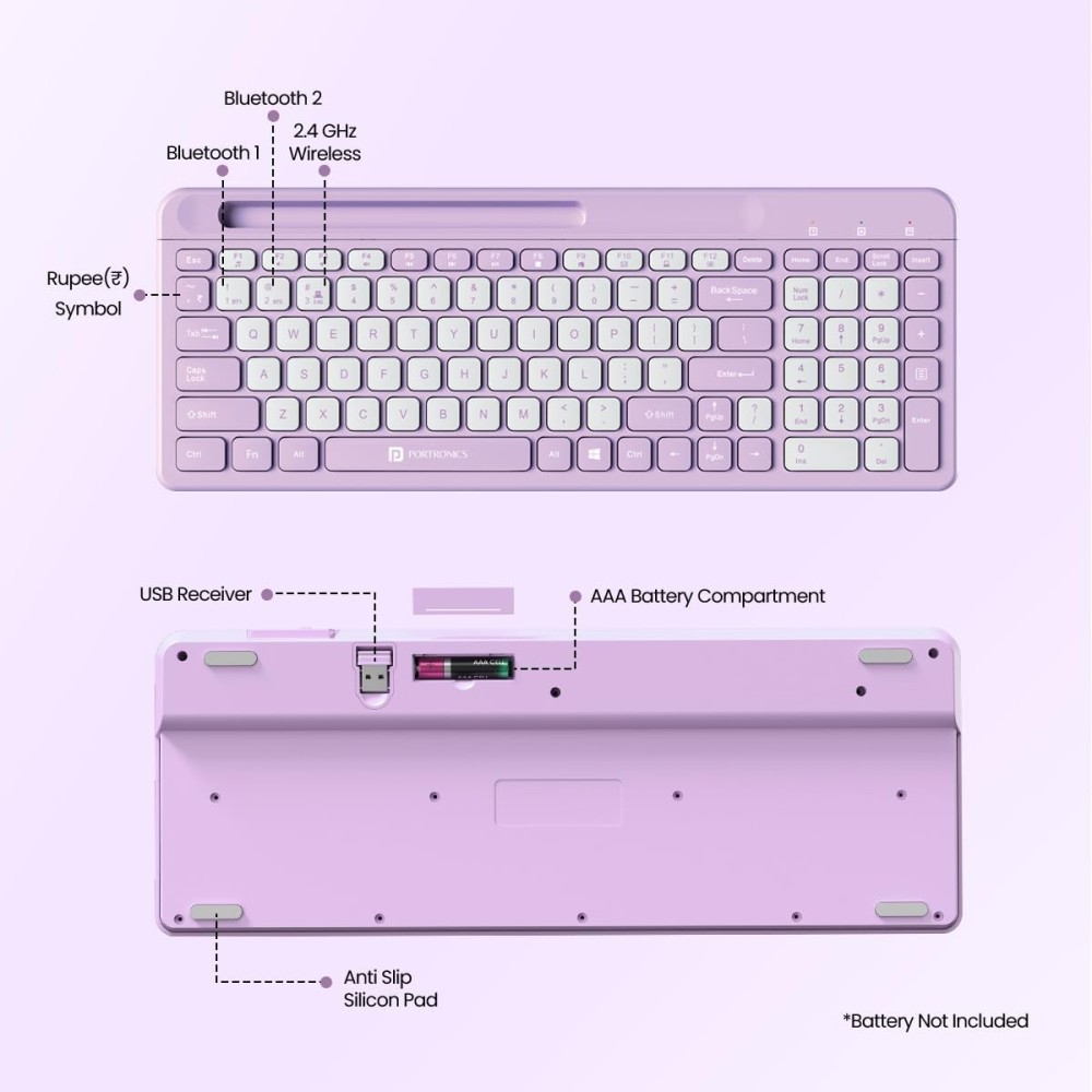 Portronics Bubble Square Wireless Keyboard | Bluetooth + 2.4GHz USB | Multi-Device Keyboard for Laptop, PC, Tablet & Smartphone - (Purple)