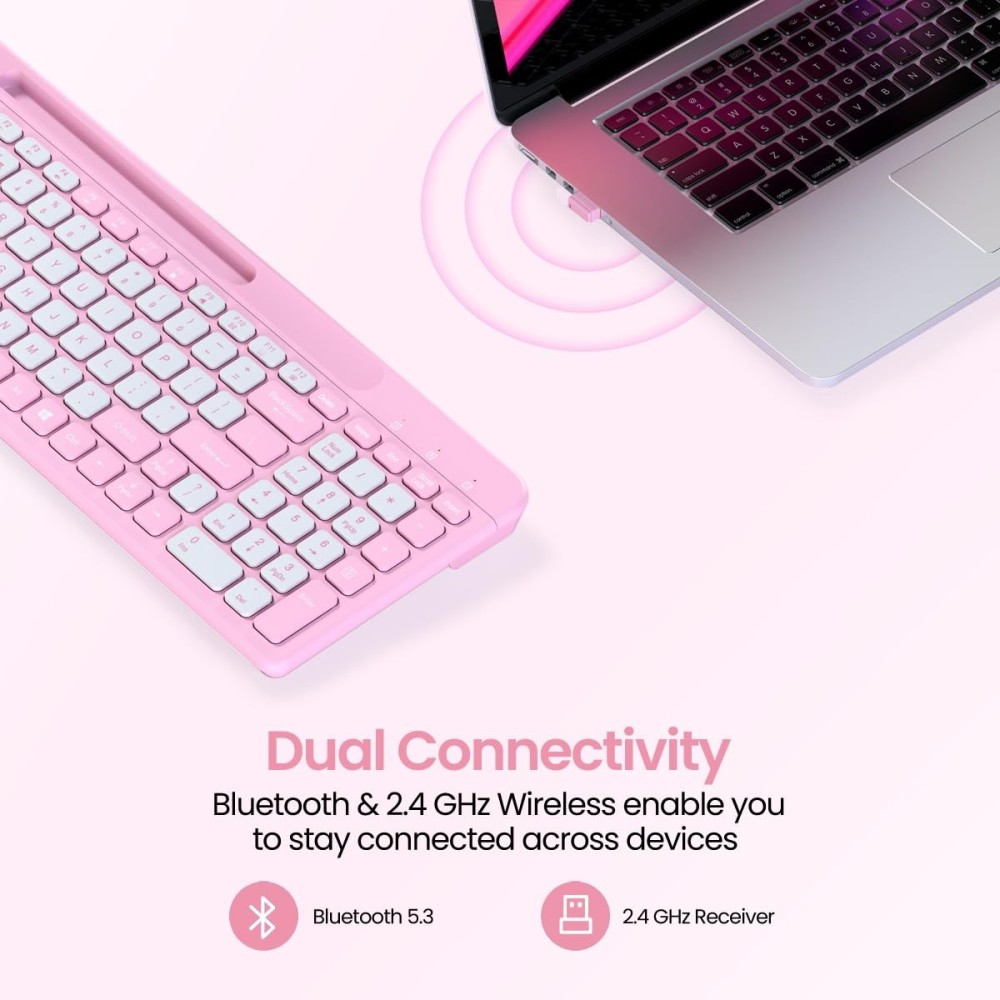 Portronics Bubble Square Wireless Keyboard | Bluetooth & 2.4GHz Dual Mode | Multi-Device Keyboard for Laptop, PC & Tablet - (Pink)