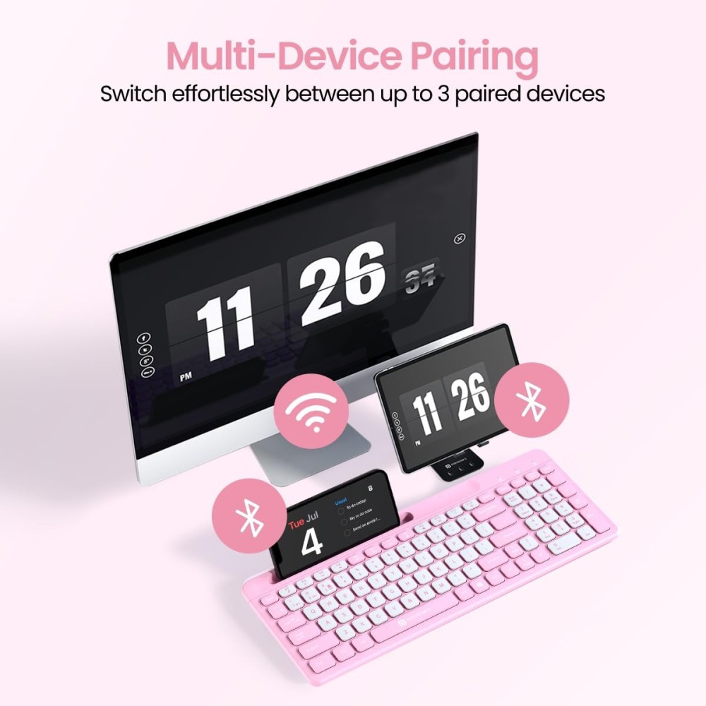 Portronics Bubble Square Wireless Keyboard | Bluetooth & 2.4GHz Dual Mode | Multi-Device Keyboard for Laptop, PC & Tablet - (Pink)