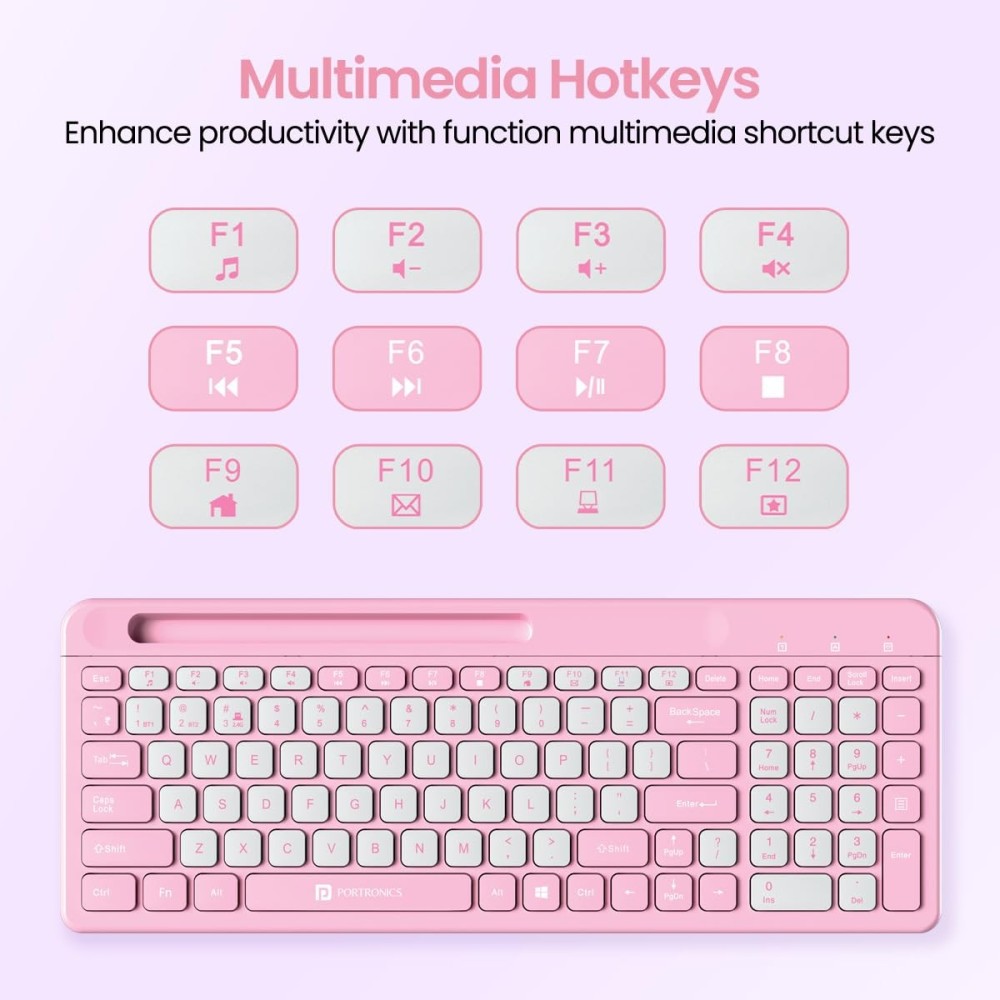 Portronics Bubble Square Wireless Keyboard | Bluetooth & 2.4GHz Dual Mode | Multi-Device Keyboard for Laptop, PC & Tablet - (Pink)