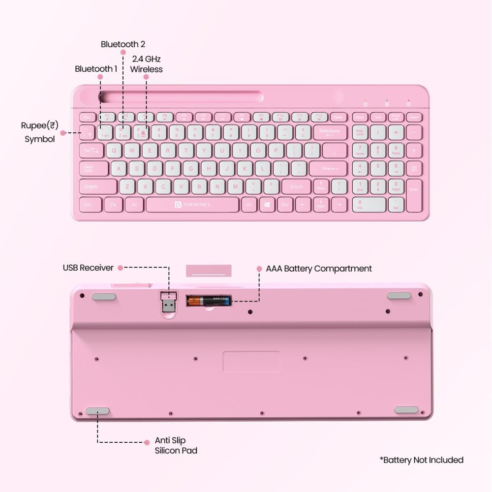 Portronics Bubble Square Wireless Keyboard | Bluetooth & 2.4GHz Dual Mode | Multi-Device Keyboard for Laptop, PC & Tablet - (Pink)