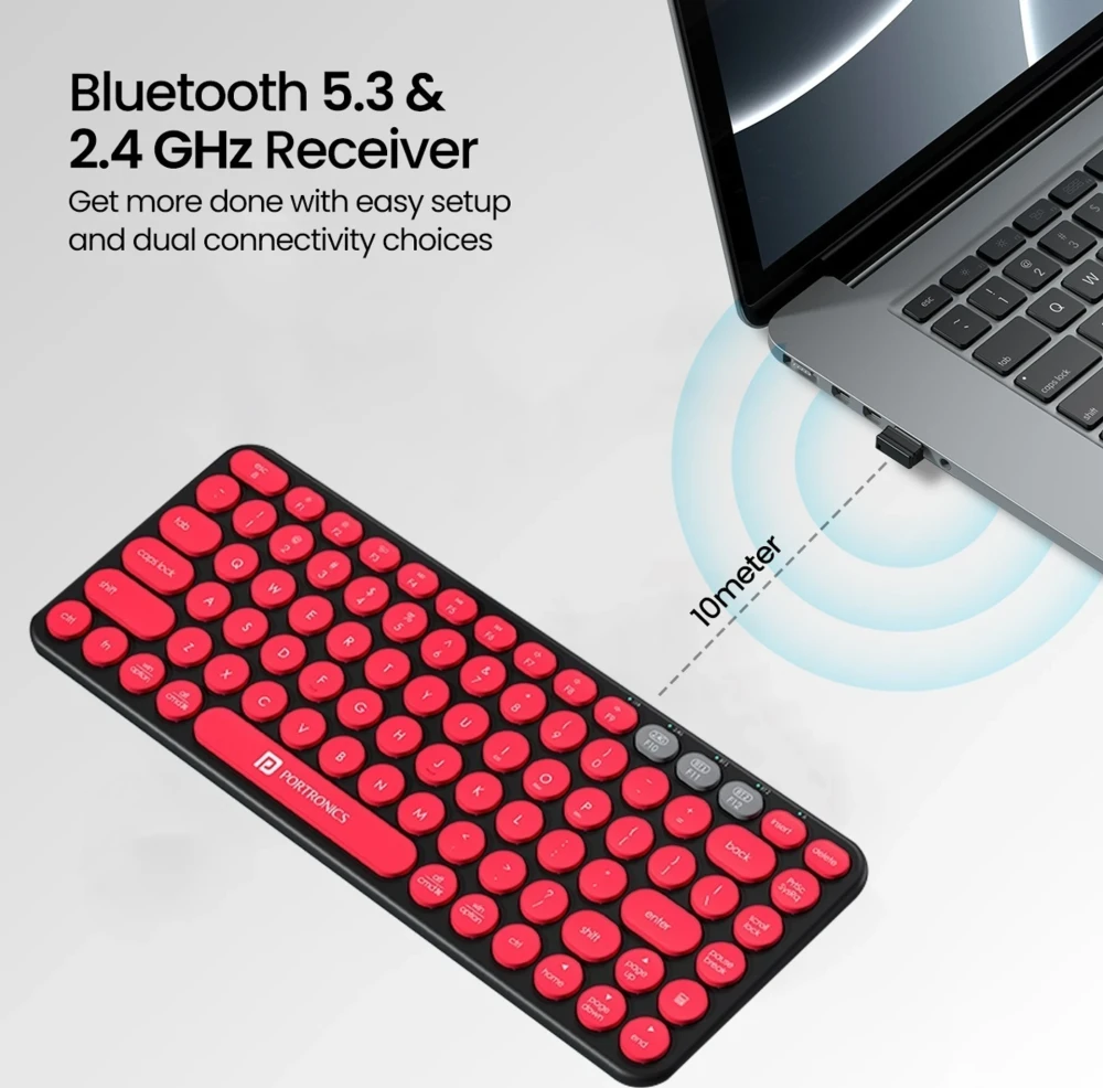 Portronics Bubble 2.0 Wireless Keyboard Bluetooth + 2.4GHz Receiver | TKL Compact Keyboard | Connect 3 Devices | Function Shortcut Keys - (Black)