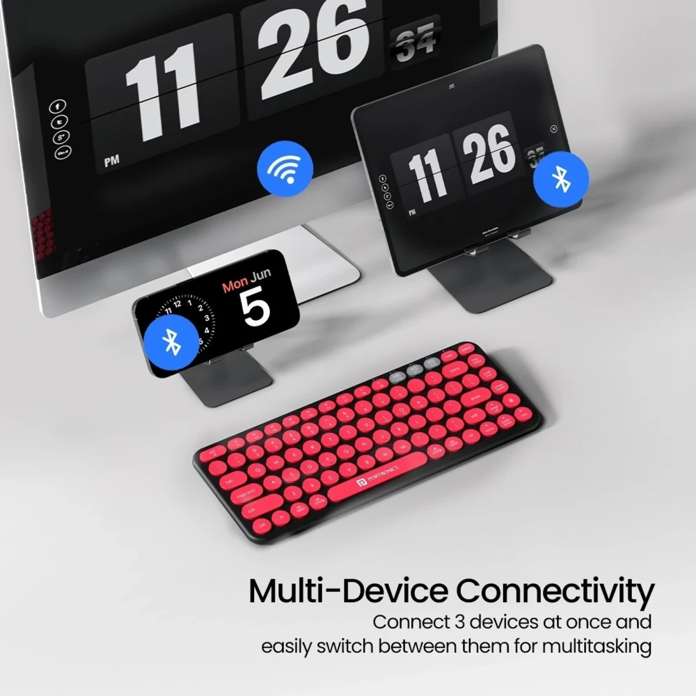 Portronics Bubble 2.0 Wireless Keyboard Bluetooth + 2.4GHz Receiver | TKL Compact Keyboard | Connect 3 Devices | Function Shortcut Keys - (Black)